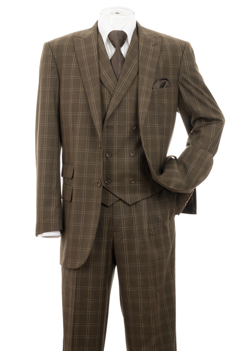 "Brown Windowpane Plaid Men's Double Breasted 2 Button Vest Suit"