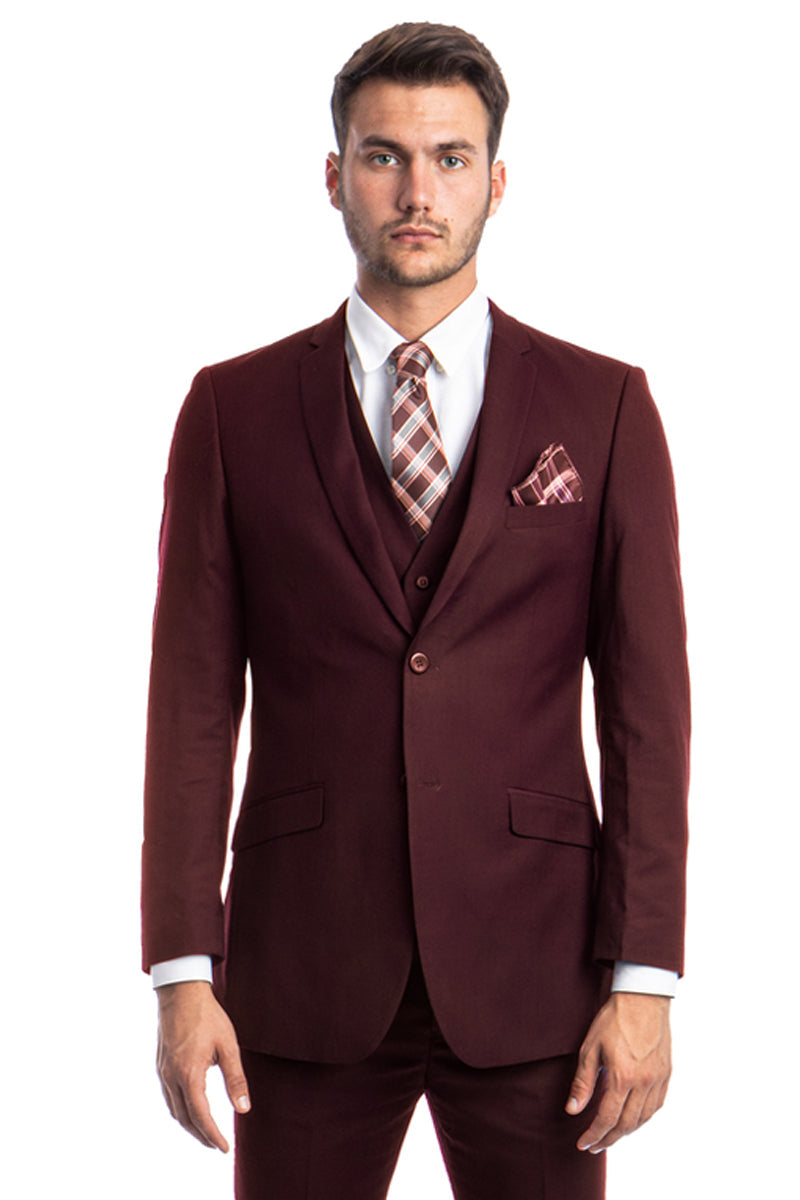 "Burgundy Slim Fit Men's Wedding Suit - Two Button Basic Vested"