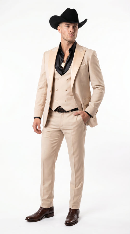 Mens Light Beige Western 3-Piece Suit – Cowboy Tuxedo with Shawl Lapel