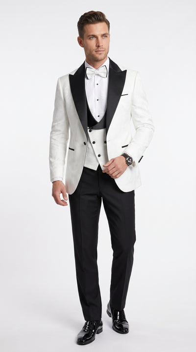 Statement Men’s White and Black Vested Tuxedo, Peak Lapel Wedding Prom Formal Suit with Bow Tie