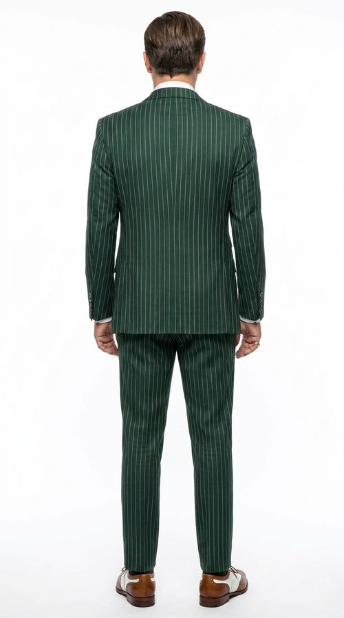 Men’s Hunter Green Pinstripe 1920s Gangster 3 Piece Suit, Great Gatsby Formal Outfit for Weddings, Prom, Parties, and Theme Events