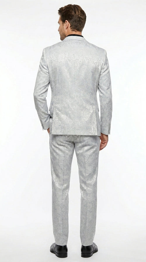 Men’s Silver Grey Paisley Wedding and Prom 2026 Suit with Jacket and Matching Pants