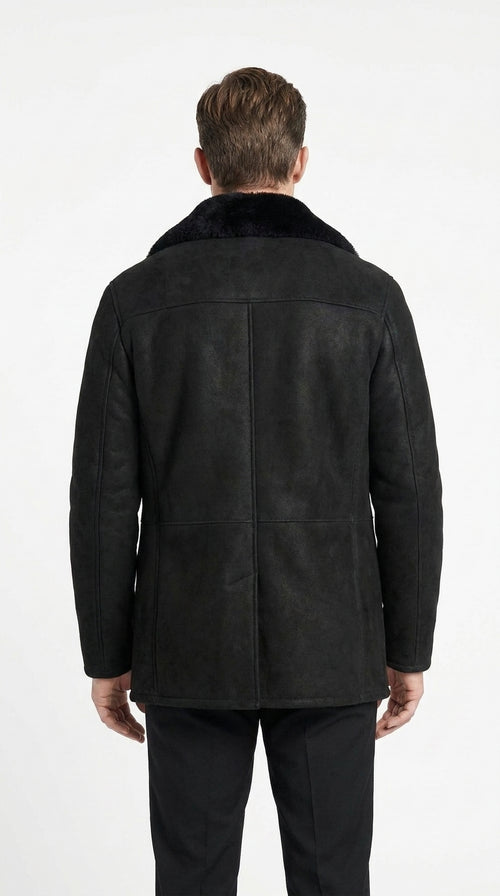 Men’s Black Shearling Jacket with Faux Fur Collar, Western Winter Coat for Casual Wear
