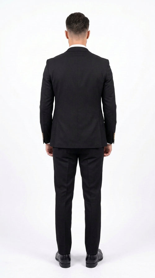Men’s Black Double Breasted Vested Suit, 1920s 1980s Style Peak Lapel Wool Feel Designer Suit with Gold Buttons