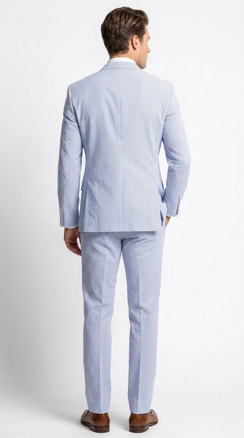 Men’s Navy Seersucker 2 Piece Suit, Modern Fit Summer Wedding Dress Suit