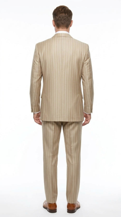 Men’s Champagne Gold Zoot Suit, 1920s Harlem Gangster Tan Stripe Fortino 2911V Vested Suit