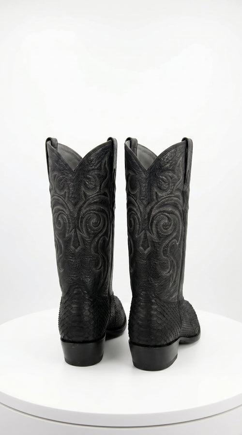 Men’s Black Python Cowboy Boots with Western Stitching, Exotic Style Dress Boots