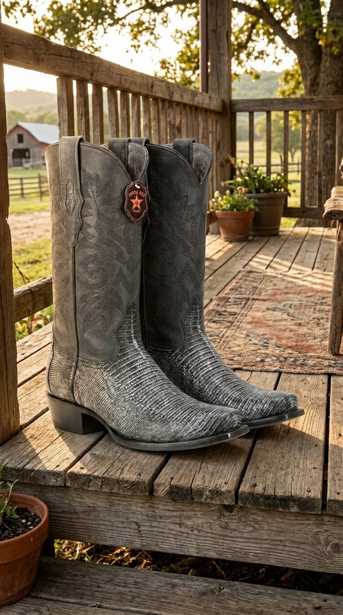 Men's Los Altos Boots 7 Toe Genuine Teju Lizard Sanded Black Leather Boots Handcrafted
