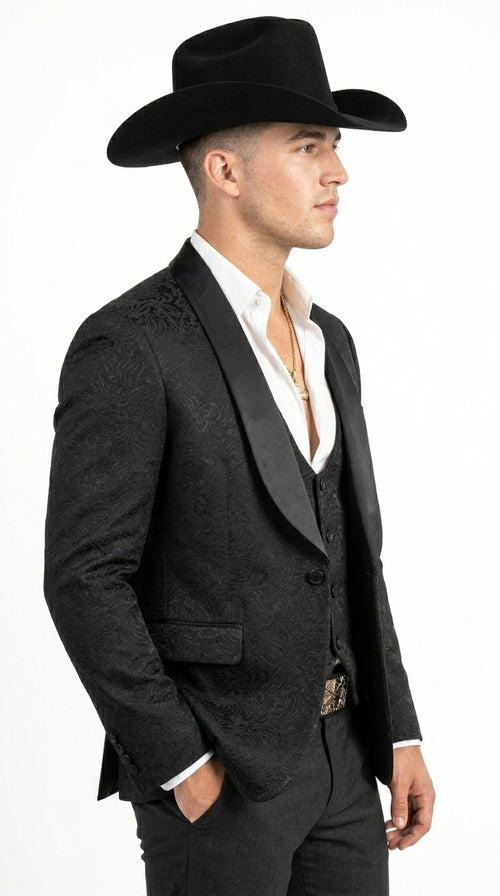 Men’s Black Paisley Jacquard Western Formal Blazer with Satin Shawl Lapel, Designer Jacket