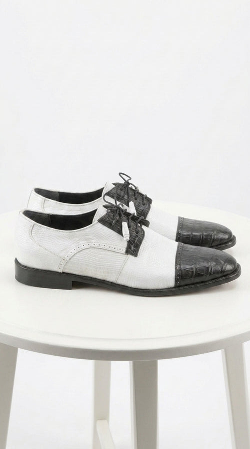 Los Altos Men’s Black and White Genuine Teju Lizard and Caiman Lace-Up Dress Shoes