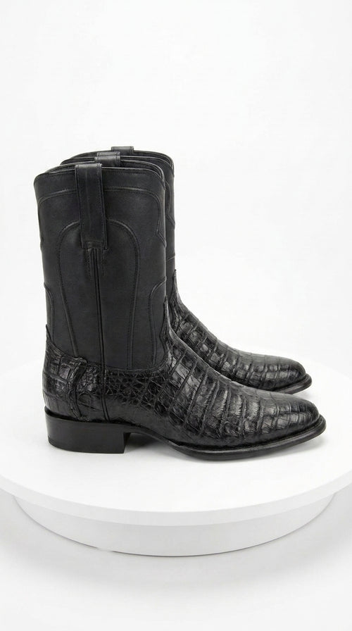Men’s Black Caiman Belly Roper Boots, Exotic Western Cowboy Dress Boots
