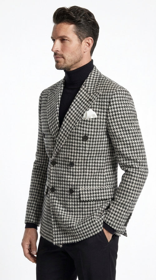 Men’s Black and White Houndstooth Blazer, 100% Wool Modern Fit Sport Coat