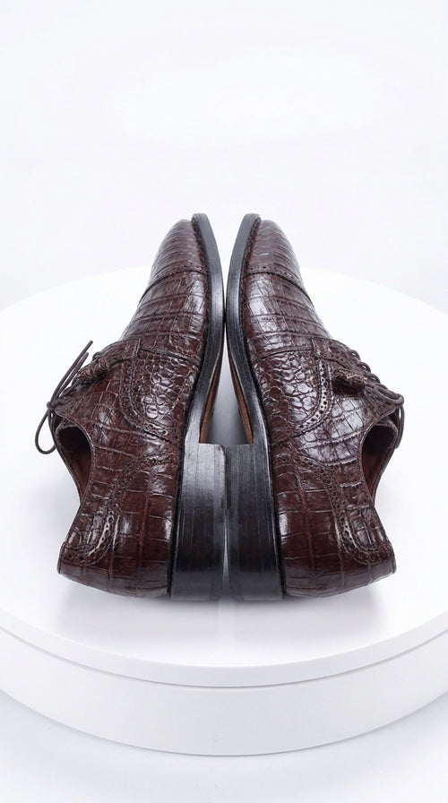 Men’s Original Exotic Caiman Belly Skin Shoes ZV098207, Brown Lace-Up Formal Dress Shoes