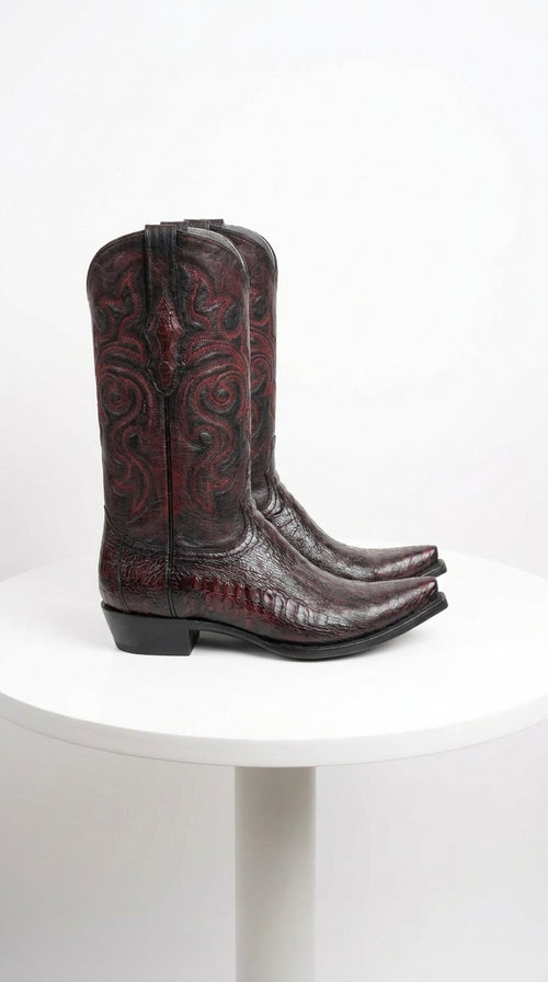 Los Altos Men’s Black Cherry Ostrich Leg Cowboy Boots, Exotic Dress Western Boots