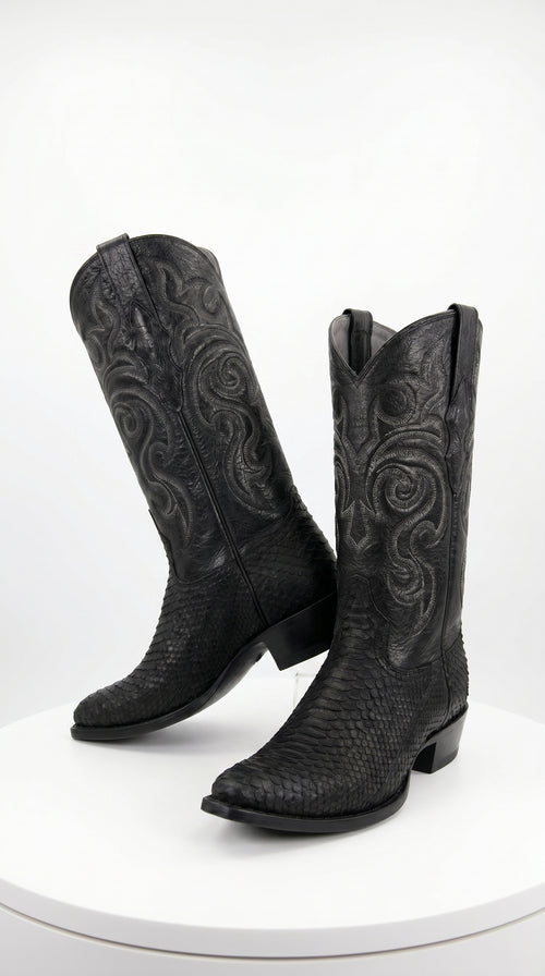 Men’s Black Python Cowboy Boots with Western Stitching, Exotic Style Dress Boots