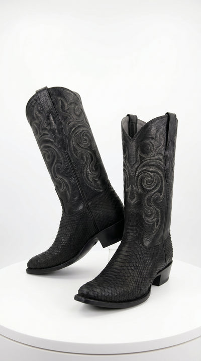 Men’s Black Python Cowboy Boots with Western Stitching, Exotic Style Dress Boots
