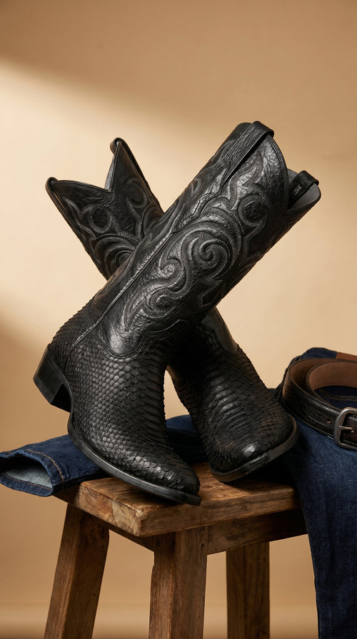 Men’s Black Python Cowboy Boots with Western Stitching, Exotic Style Dress Boots