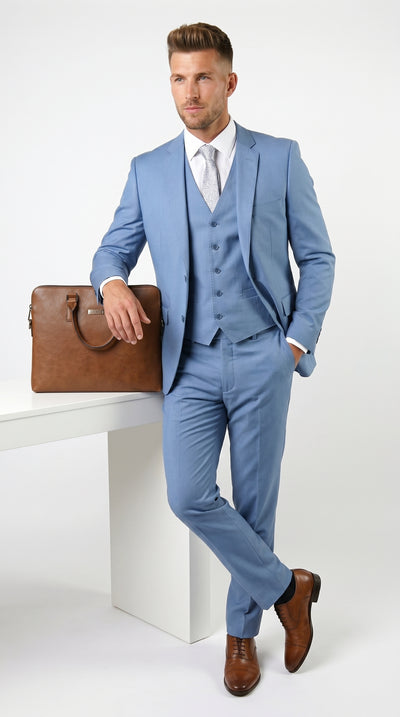 Statement Men’s Solid Steel Blue 100% Wool Vested Suit, Formal Wedding Business 3 Piece Suit Set