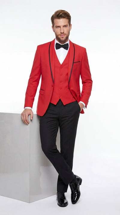 Statement Men’s Red 100% Wool Vested Tuxedo with Black Trim Fine Lapel, Wedding Prom Formal Suit Set