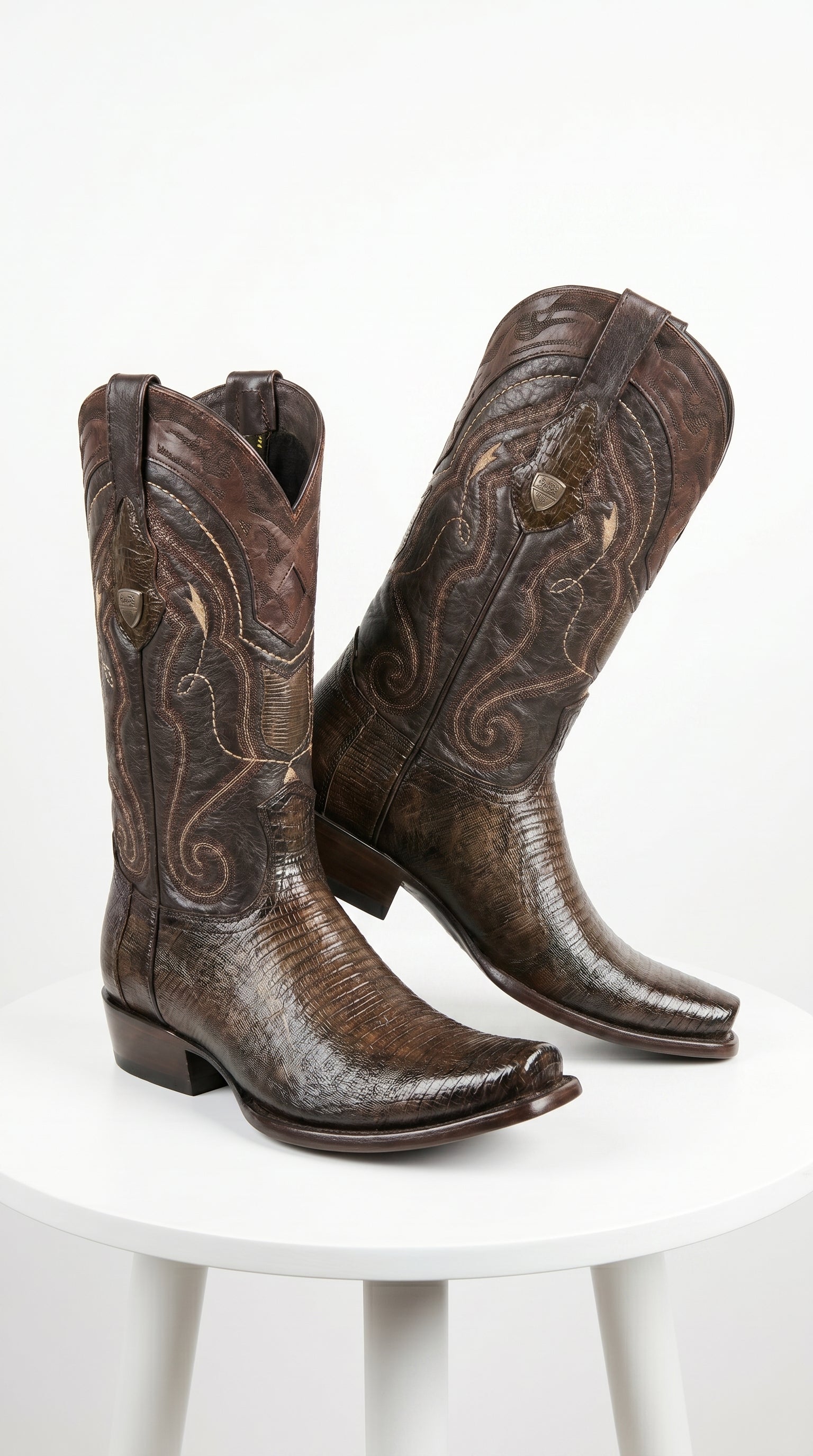 Men’s Wild West Burnished Brown Teju Lizard Square Toe Cowboy Boots, Genuine Leather Dress Western Boots