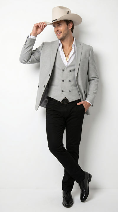 Men’s Light Gray Western Suit Blazer with Double Breasted Vest, Modern Cowboy Formal Outfit