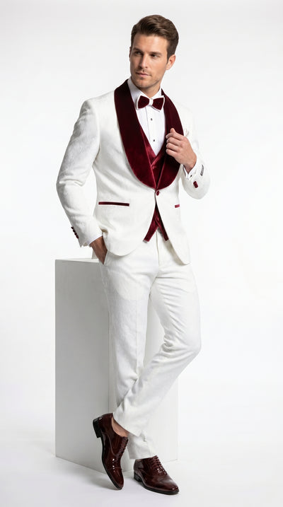 Men’s Gianni White and Burgundy Velvet Lapel 3 Piece Tuxedo, Formal Wedding Prom Suit