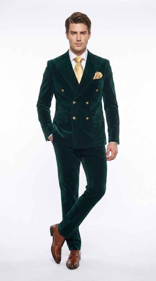 Men’s Rossi Man Zeus Emerald Green Velvet Double Breasted Tuxedo Suit, Formal Wedding Prom Dinner Suit