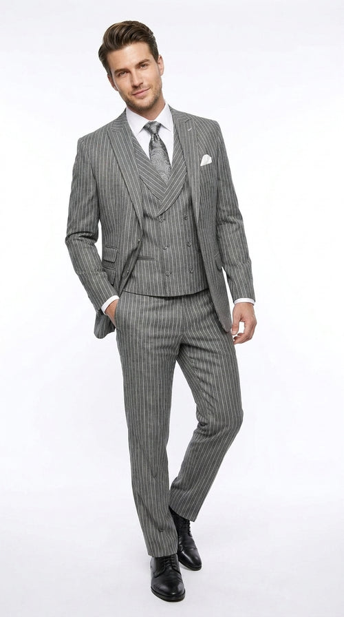 Men’s Grey Pinstripe Gangster Suit – 3 Piece 2 Button Suit with Double Breasted Vest, Vintage Formal Outfit