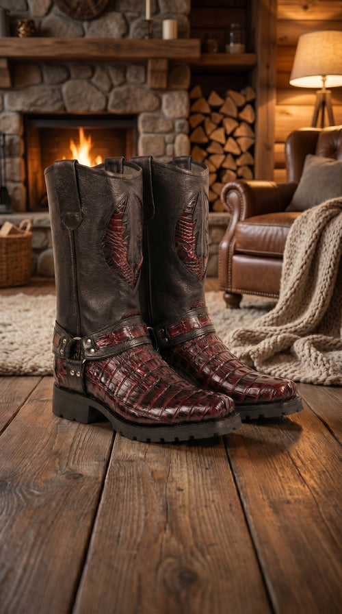 Men’s Los Altos Black and Burgundy Caiman Tail Skin Biker Boots, Exotic Western Motorcycle Boots