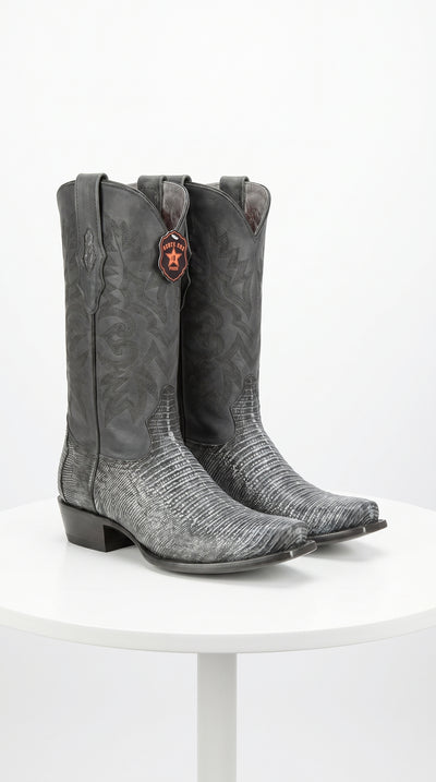 Men's Los Altos Boots 7 Toe Genuine Teju Lizard Sanded Black Leather Boots Handcrafted