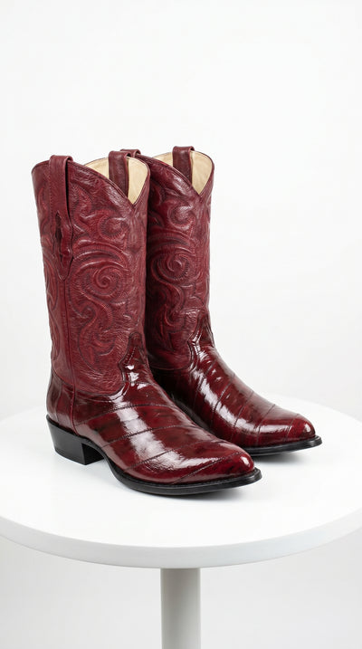 Men’s Burgundy Eel Cowboy Boots with J Toe, Exotic Leather Western Dress Boots