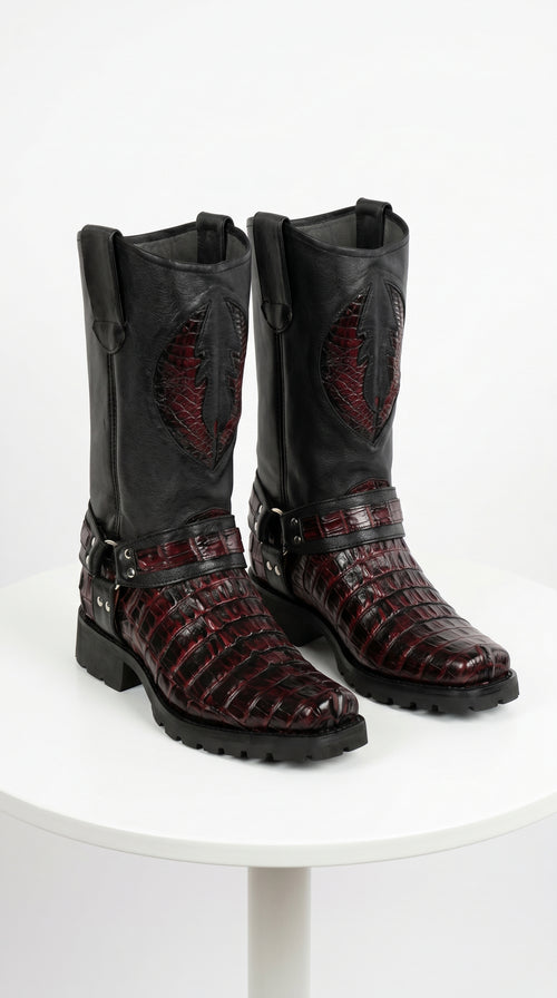 Men’s Los Altos Black Cherry Caiman Tail Skin Biker Boots, Exotic Western Motorcycle Boots