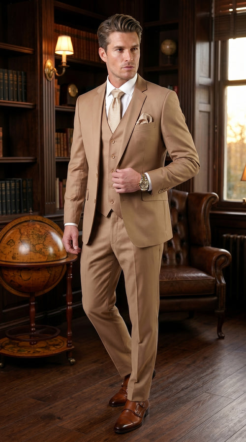 Statement Men’s Solid Caramel 100% Wool Vested Suit, Formal Wedding Business 3 Piece Suit Set