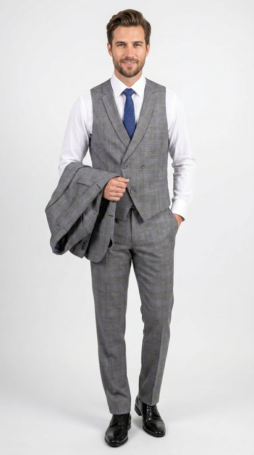 Men’s Gray Glen Plaid 3 Piece Suit with Jacket, Vest and Pants, Formal Wedding Business Dress Suit