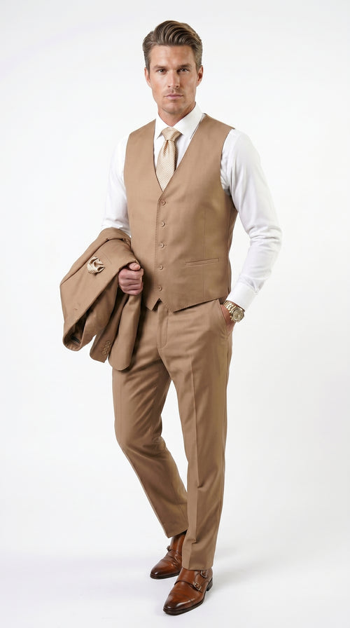 Statement Men’s Solid Caramel 100% Wool Vested Suit, Formal Wedding Business 3 Piece Suit Set