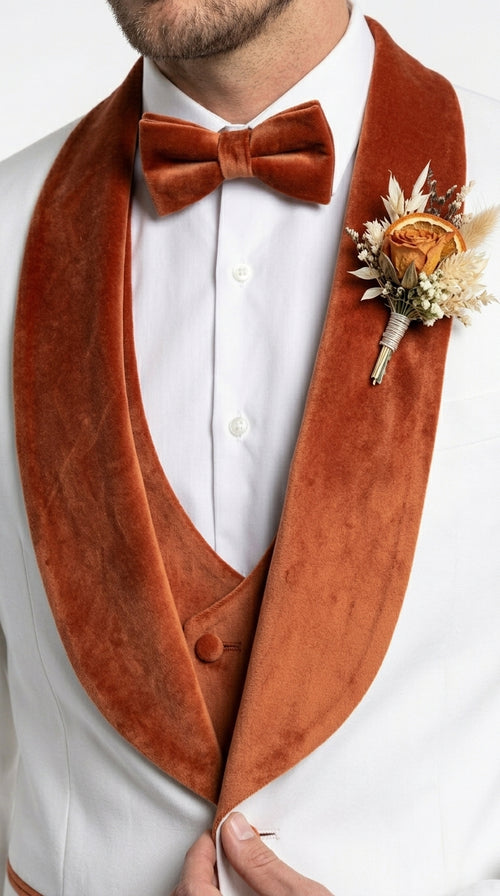 Men’s Cream Wedding Suit with Orange Contrast Shawl Lapel, Vested Groom Formal Suit Set