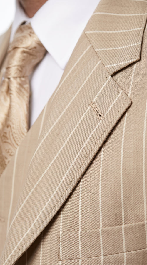 Men’s Champagne Gold Zoot Suit, 1920s Harlem Gangster Tan Stripe Fortino 2911V Vested Suit