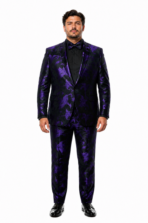 Mardi Gras Suit - Purple and Black Paisley Tuxedo Dinner Jacket + Matching Pants - Slim Fitted