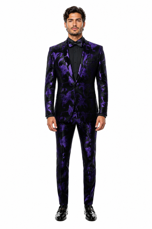 Mardi Gras Suit - Purple and Black Paisley Tuxedo Dinner Jacket + Matching Pants - Slim Fitted