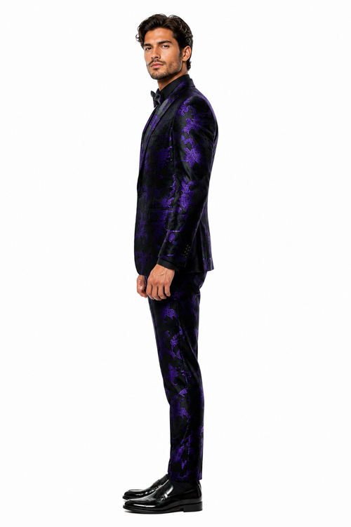 Mardi Gras Suit - Purple and Black Paisley Tuxedo Dinner Jacket + Matching Pants - Slim Fitted