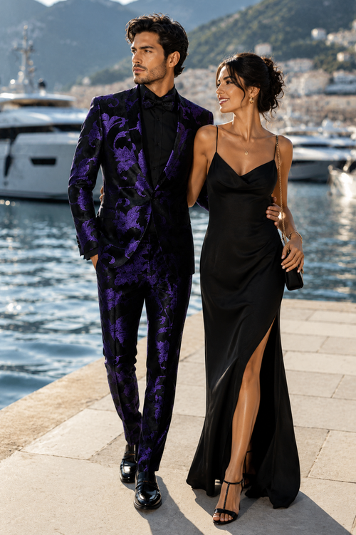 Mardi Gras Suit - Purple and Black Paisley Tuxedo Dinner Jacket + Matching Pants - Slim Fitted