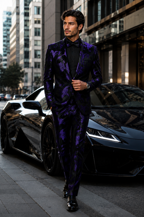 Mardi Gras Suit - Purple and Black Paisley Tuxedo Dinner Jacket + Matching Pants - Slim Fitted