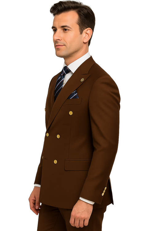 Mens Double breasted Suit - "Maroon" 1920s 1980s Style Peak Lapel Suits - Back Side Vented Mens Designer Modern Fit Double Breasted Wool Feel Suit- Designer Brand with Gold Buttons in Maroon - New Arrival