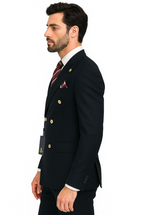 Mens Double breasted Suit - "Maroon" 1920s 1980s Style Peak Lapel Suits - Back Side Vented Mens Designer Modern Fit Double Breasted Wool Feel Suit- Designer Brand with Gold Buttons in Maroon - New Arrival