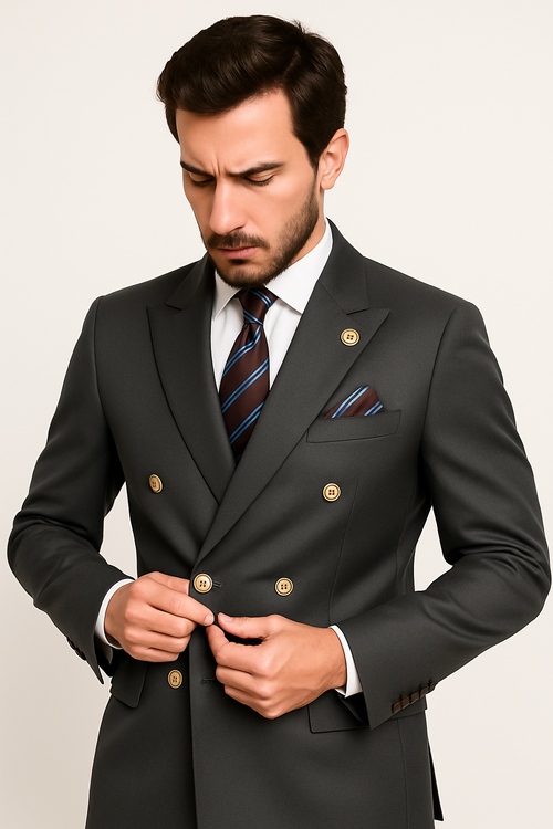 Mens Double breasted Suit - "Maroon" 1920s 1980s Style Peak Lapel Suits - Back Side Vented Mens Designer Modern Fit Double Breasted Wool Feel Suit- Designer Brand with Gold Buttons in Maroon - New Arrival