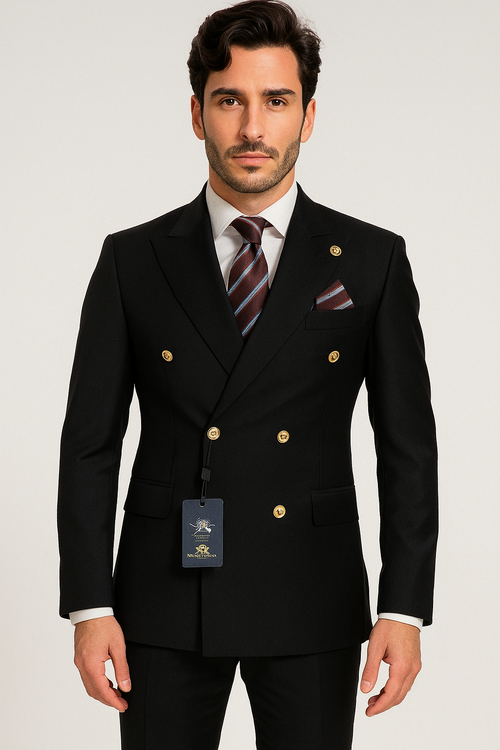 Mens Double breasted Suit - "Maroon" 1920s 1980s Style Peak Lapel Suits - Back Side Vented Mens Designer Modern Fit Double Breasted Wool Feel Suit- Designer Brand with Gold Buttons in Maroon - New Arrival
