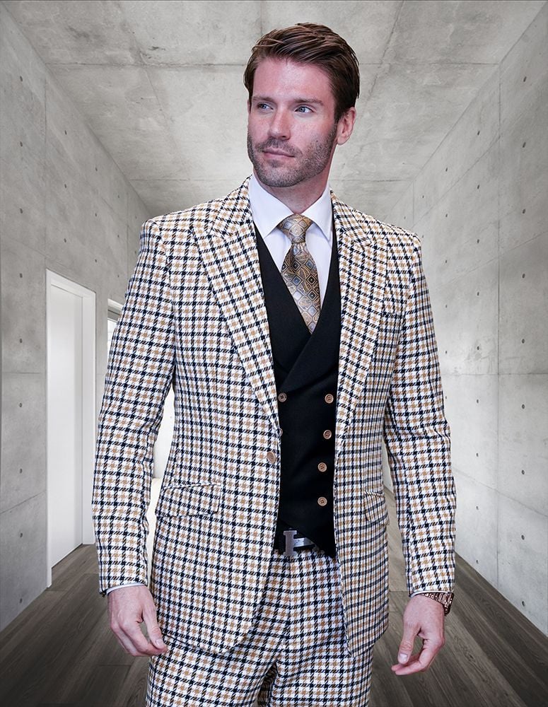 Statement Men's 100% Wool Checkered Plaid 3-Piece Suit - 38 Short Jacket+32 Waist Adjustable 28to34)(Height: 5 4 to5 7 )(Neck 15-16.5)S-M)