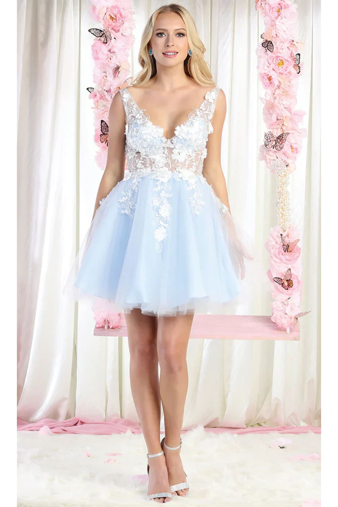 May Queen MQ1863 Floral AppliquƩ Embroidery Dress - Baby Blue / 6 - Dress