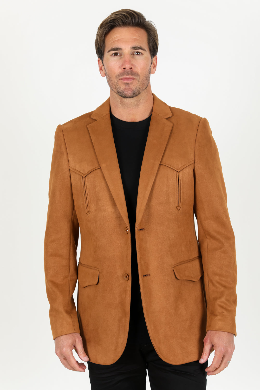 Men’s Double-Button Faux Suede Blazer in Camel