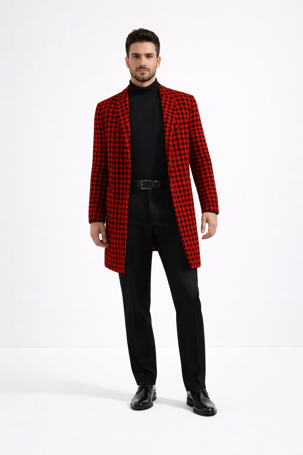 Men Houndstooth Lapel Collar Single Breasted Tweed Overcoat Black and Red
